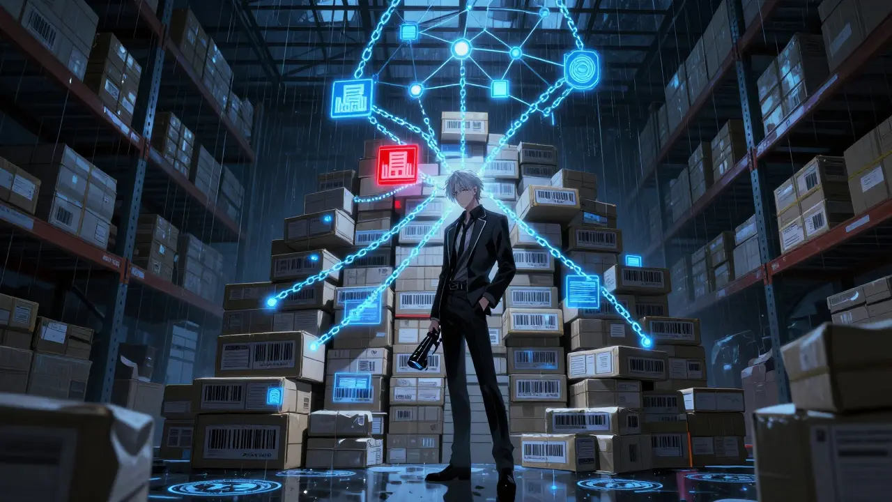 A young man scans drug packages in a warehouse, one counterfeit item flagged by a glowing blockchain network.