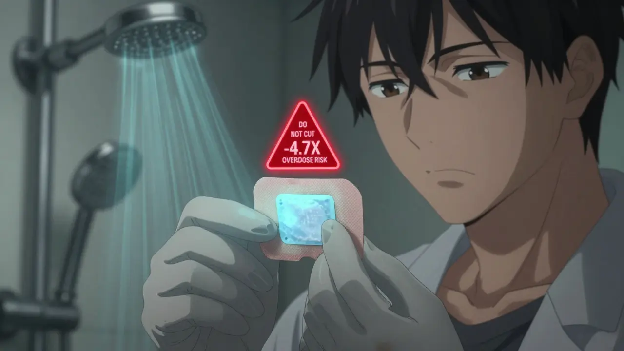 Hands folding a fentanyl patch with warning symbol glowing above it.