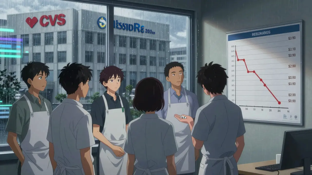 Independent pharmacy workers gather in a dim room, watching reimbursement graphs drop as corporate logos loom outside.