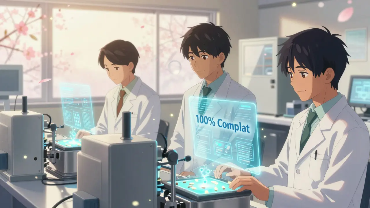 Pharmaceutical experts monitor pill production in a pristine clean room, molecular taggants floating like fireflies.