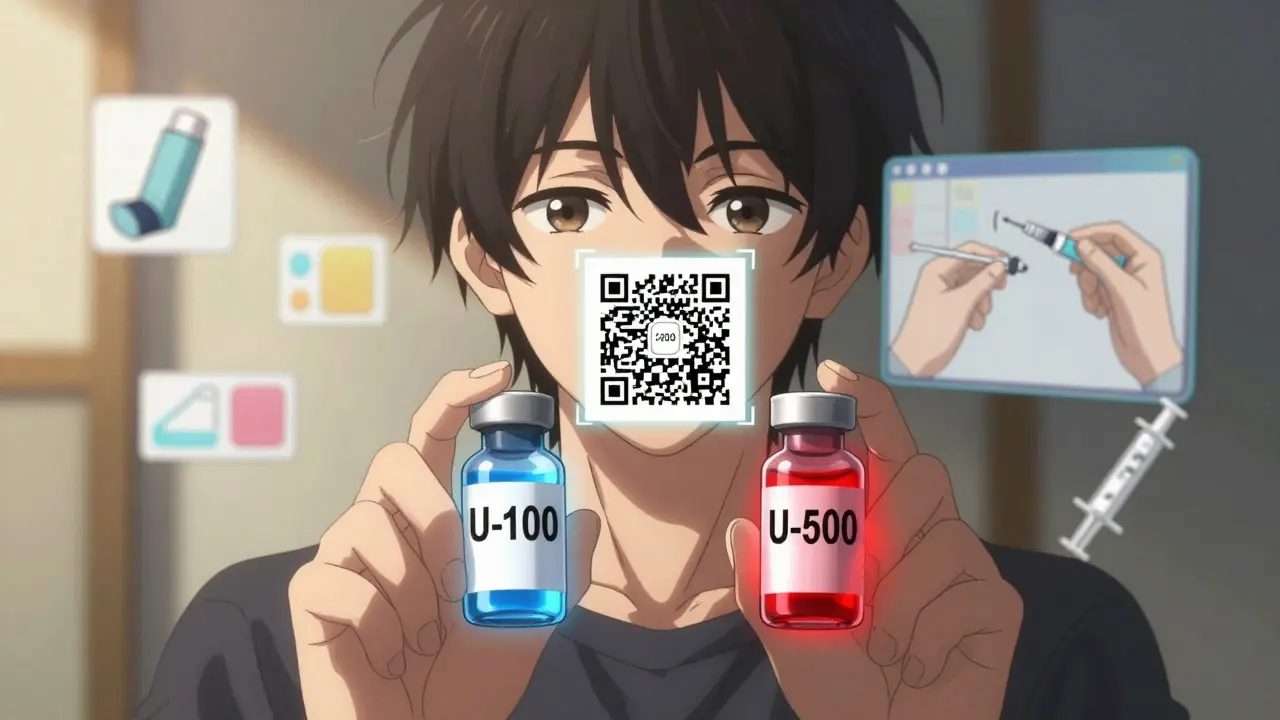 Two insulin vials side by side, one labeled U-100 and the other U-500 with contrasting auras.