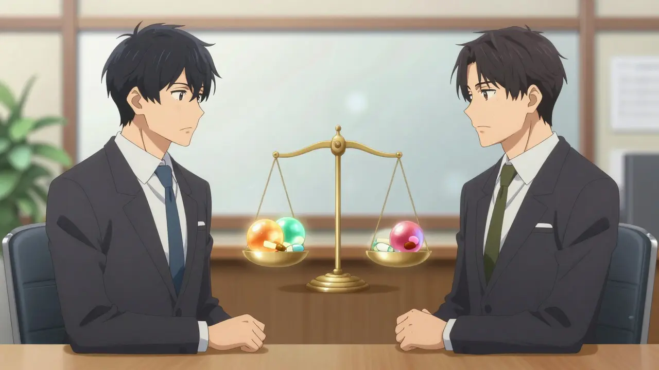 Two men negotiating over a glowing scale of medicine costs.