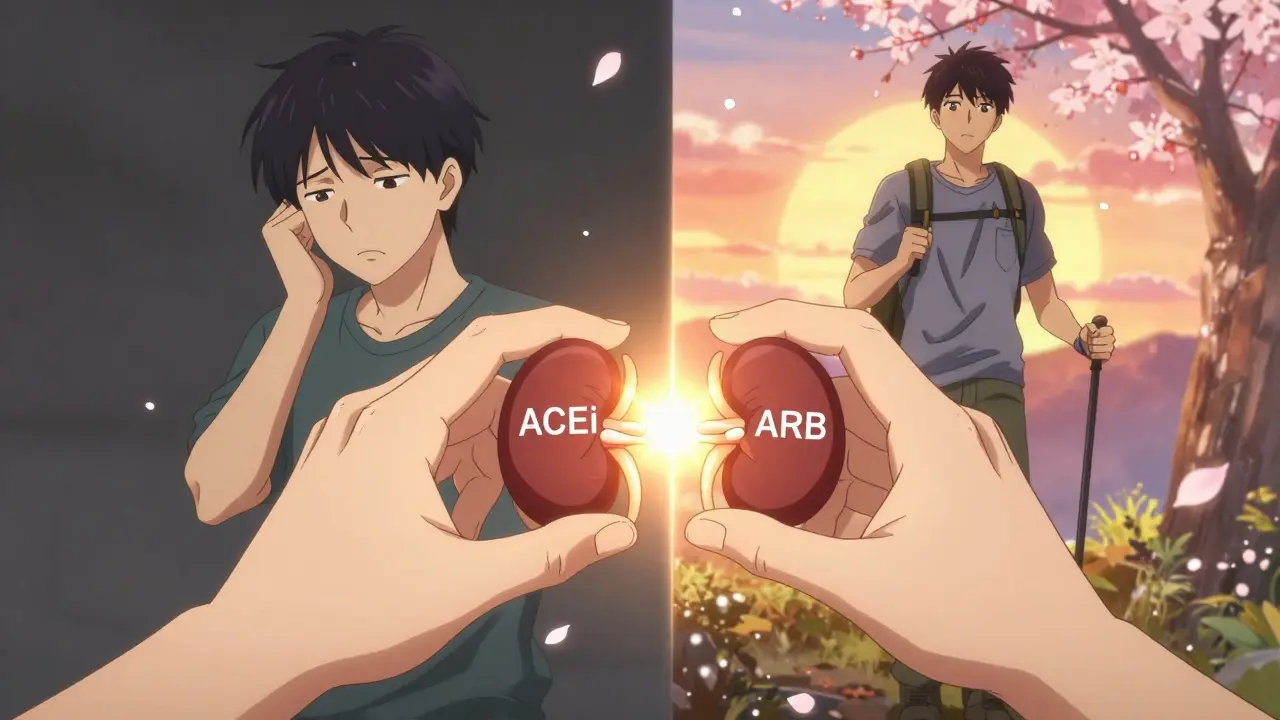 Two pills merging into a kidney-shaped symbol, with contrasting images of illness and vitality behind them.