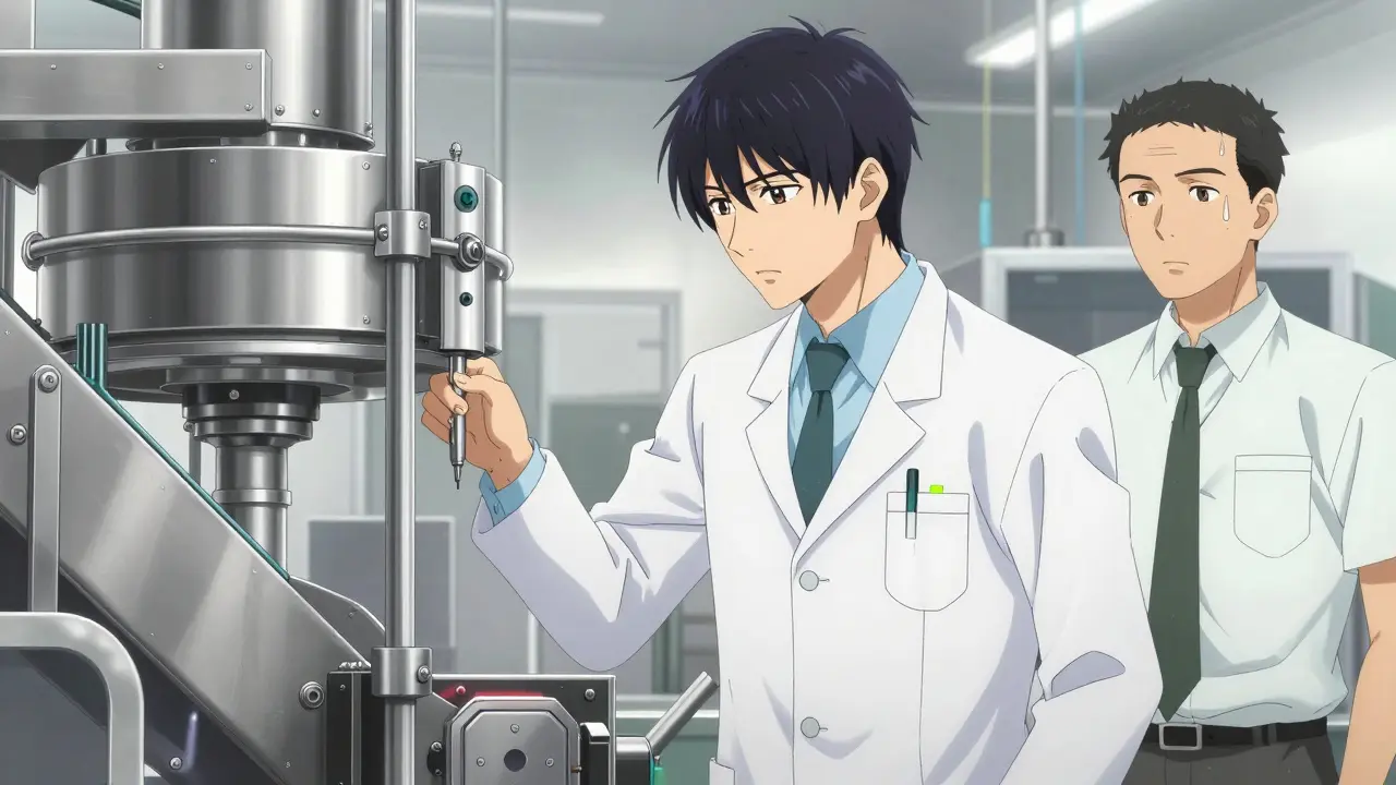 Anime inspector examining industrial machinery while a stressed manager looks on in a factory.