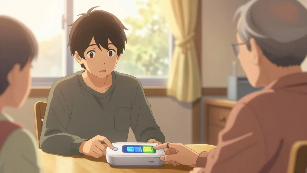 Caring young man helping an elderly person with an electronic pill dispenser