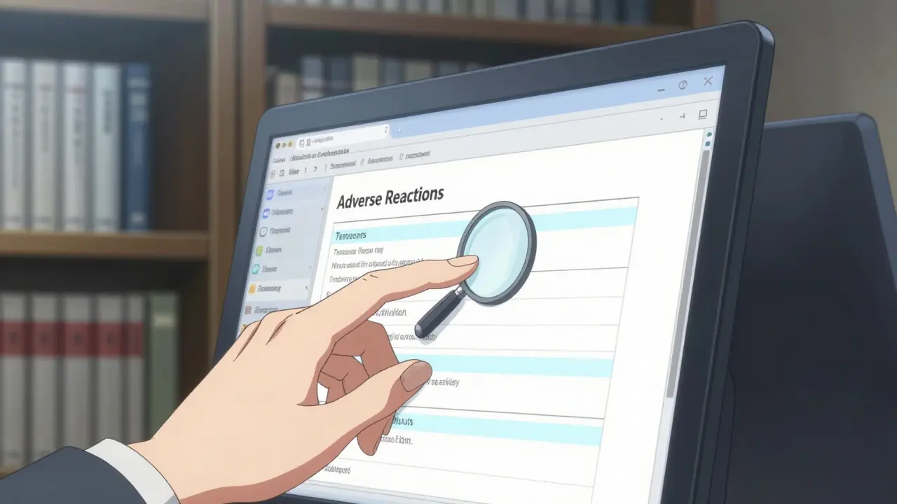 Close-up of a hand searching for drug side effects on a medical database screen.
