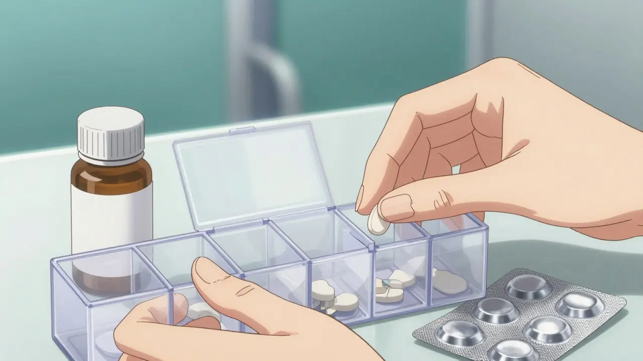 Close-up of elegant hands carefully filling a pill organizer from a bottle