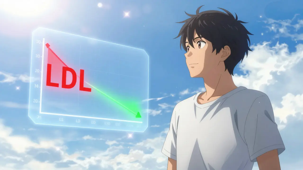 Confident anime man looking at a horizon with a graph showing lowering cholesterol.