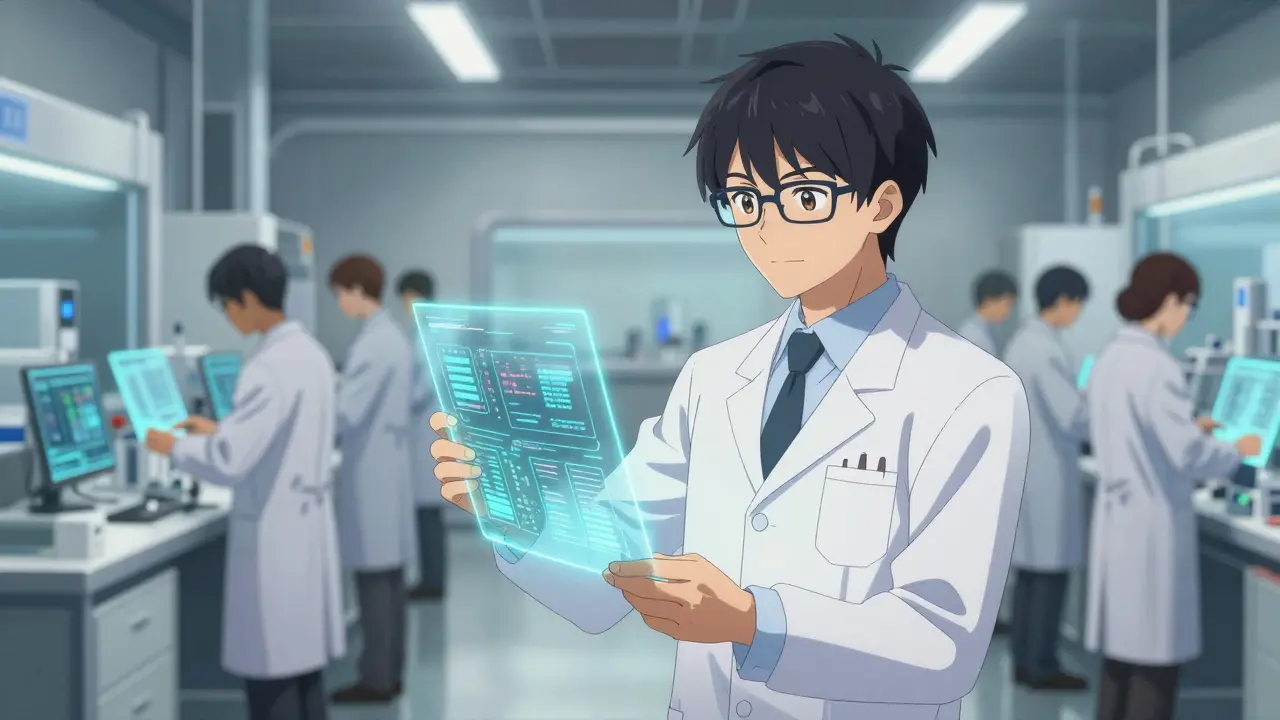 Confident anime QA manager reviewing digital compliance logs in a futuristic, clean food plant.