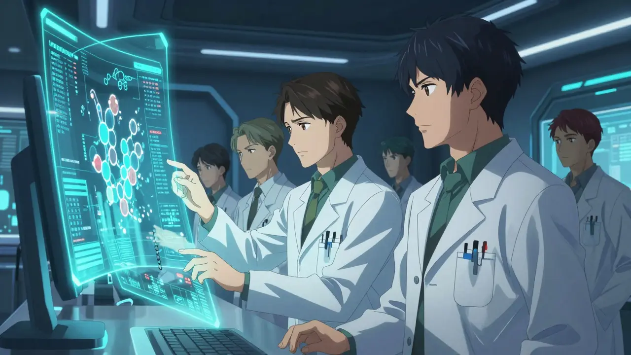 Elegant male researchers analyzing glowing holographic drug safety data in a high-tech center