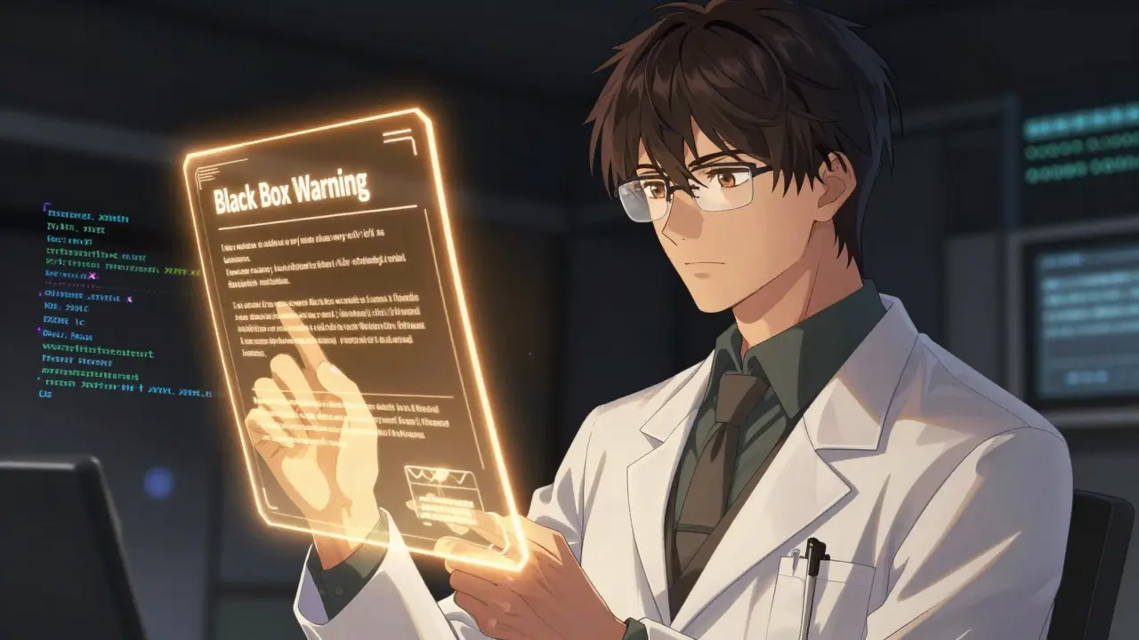 Elegant young researcher analyzing a holographic medical warning with data streams.