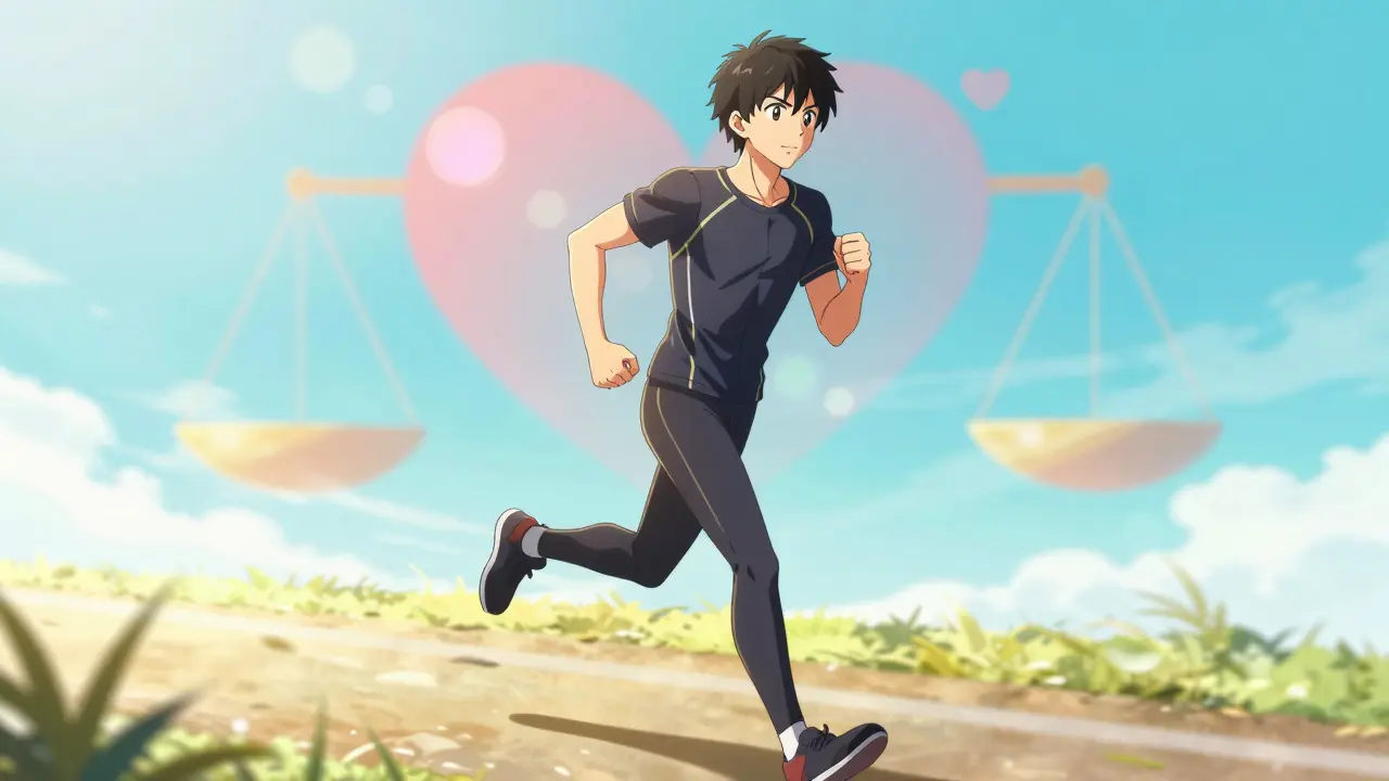Energetic anime figure running with health symbols in the background.