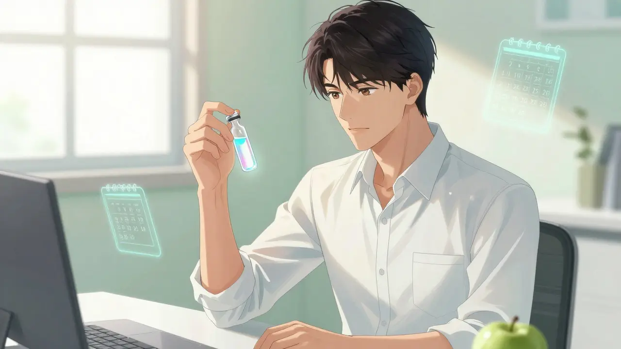 Handsome anime man holding a medicine vial in a clean room setting.