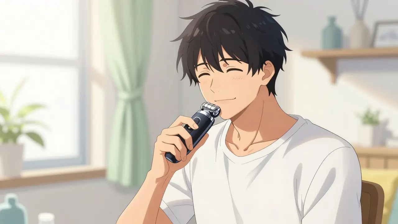 Handsome young man smiling while using an electric shaver in bright morning light