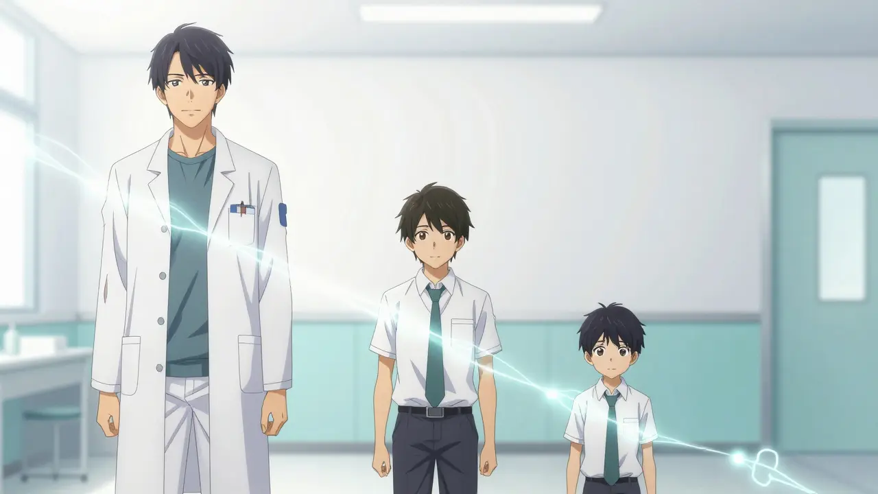 Three handsome anime men connected by glowing threads representing family screening.