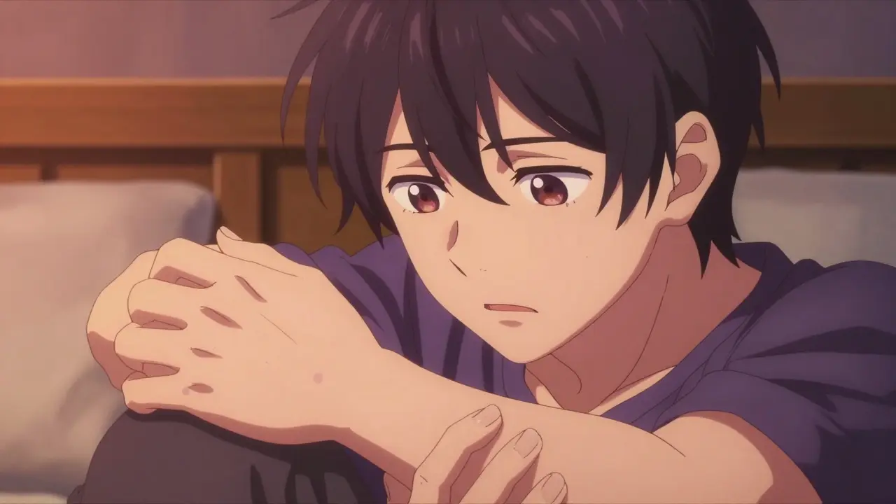 Worried young man looking at a purple bruise on his arm in a bedroom