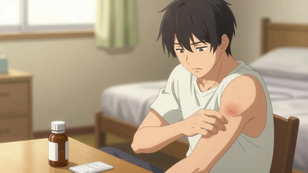 Young man in a sunlit room examining a skin reaction next to his medication